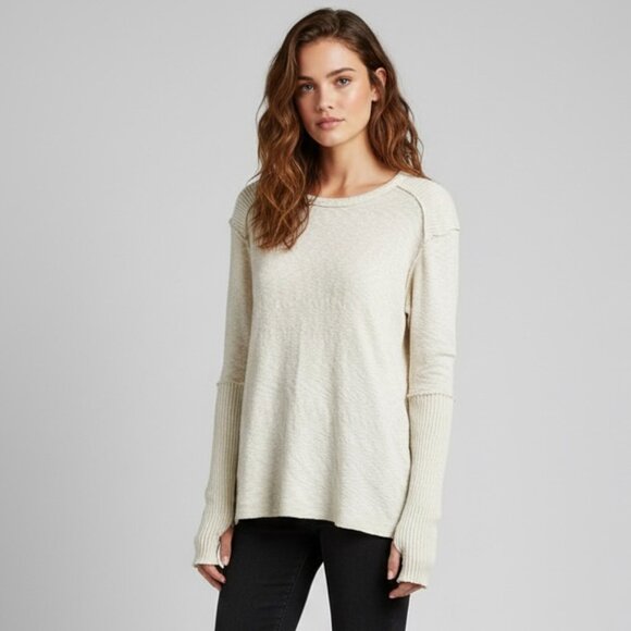 Pete Collection Ivory Slubbed Cotton Long Sleeve Knit Top - S/M 🇺🇸 - Picture 1 of 12
